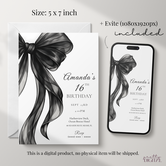 Black Bow 16th Birthday Invitation