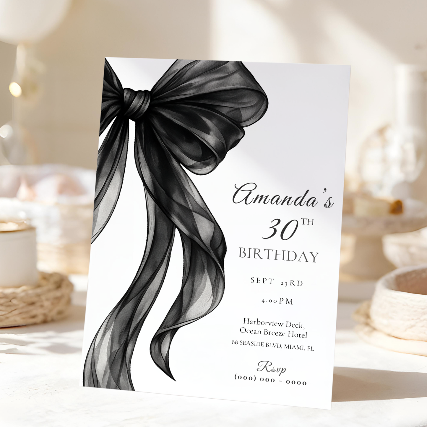 Black Bow 30th Birthday Invitation