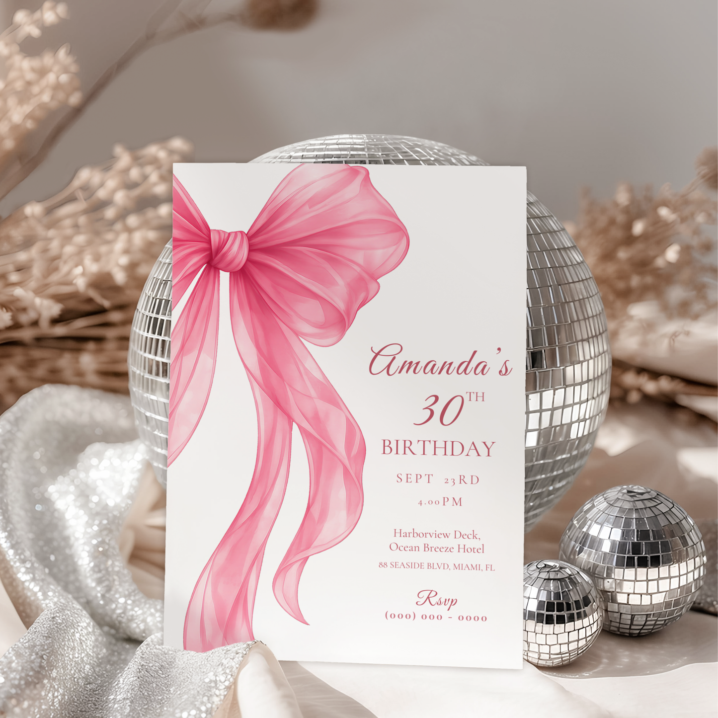 Pink Bow 30th Birthday Invitation