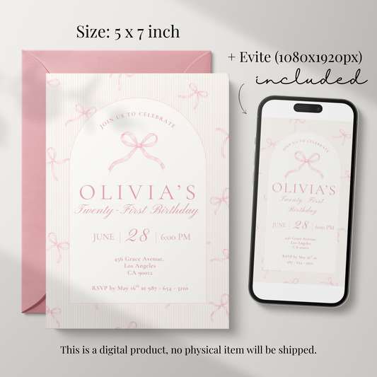 21st Birthday Invitation Pink Bow