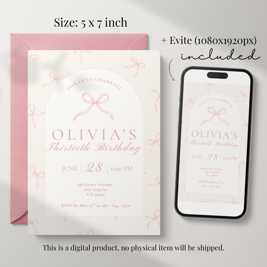 30th Birthday Invitation Pink Bow