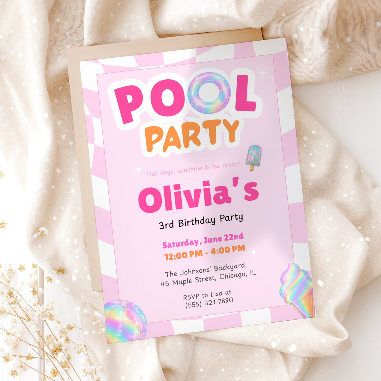 Pink Pool Party Kids Birthday Invitation