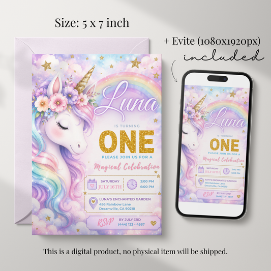 Unicorn First Birthday Invitation Template