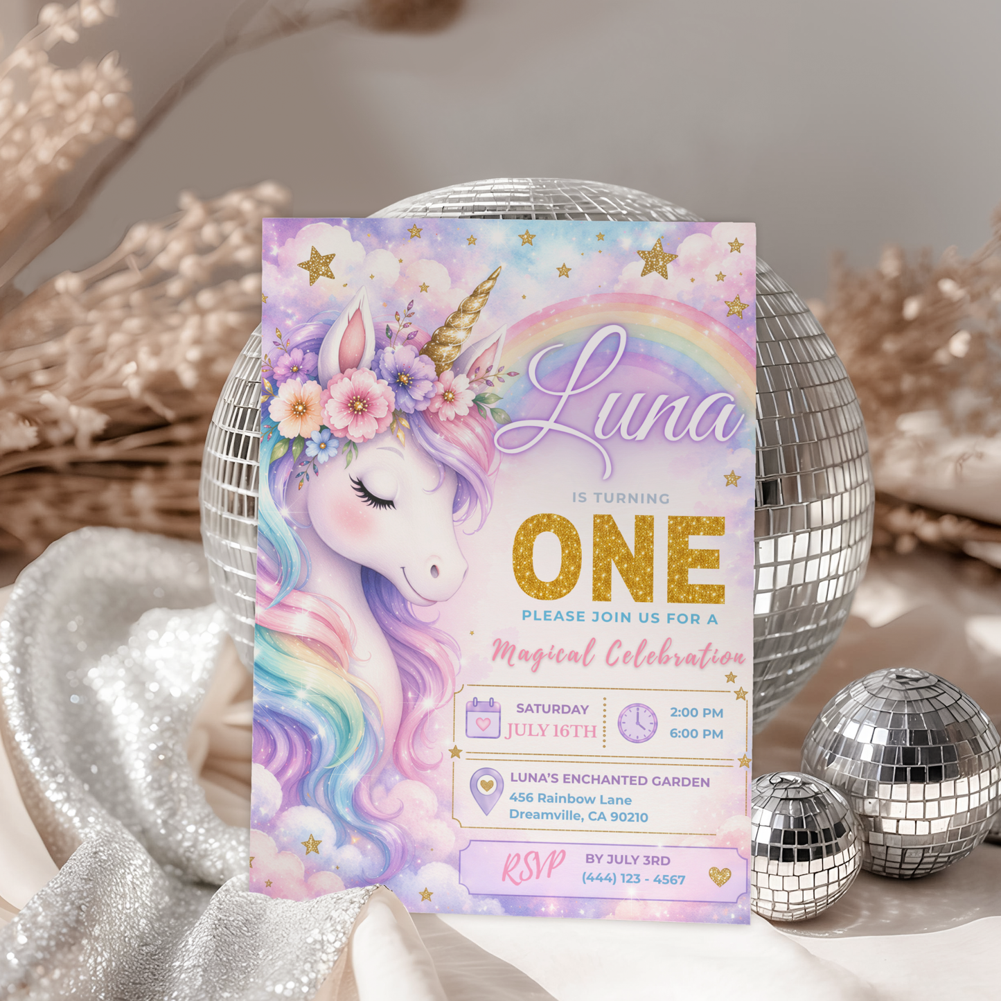 Unicorn 1st Birthday Invitation Template