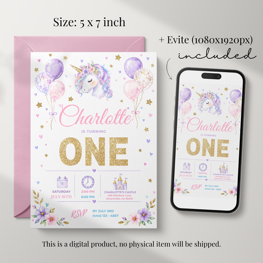Pastel Unicorn First Birthday Invitation