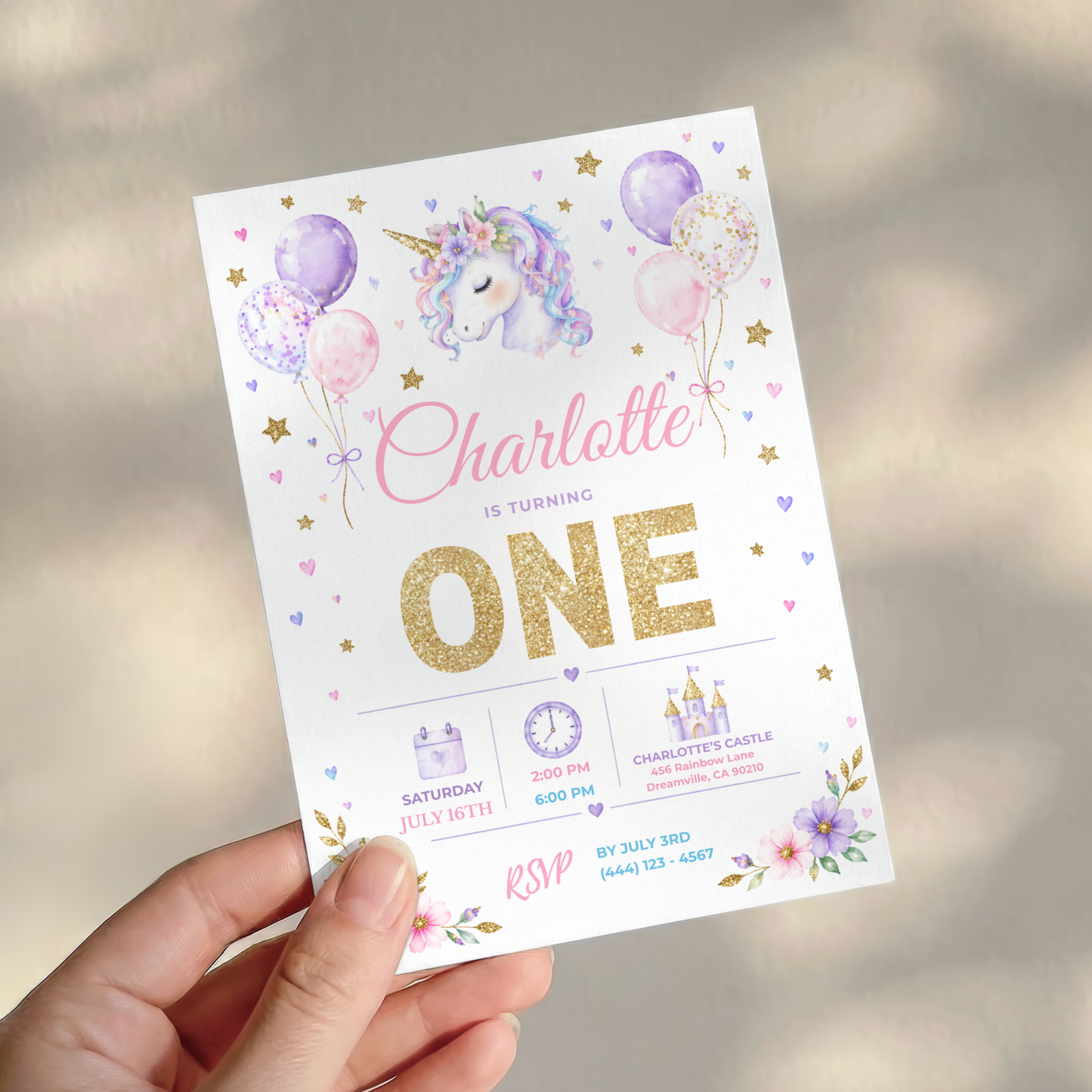 Pastel Unicorn 1st Birthday Invitation