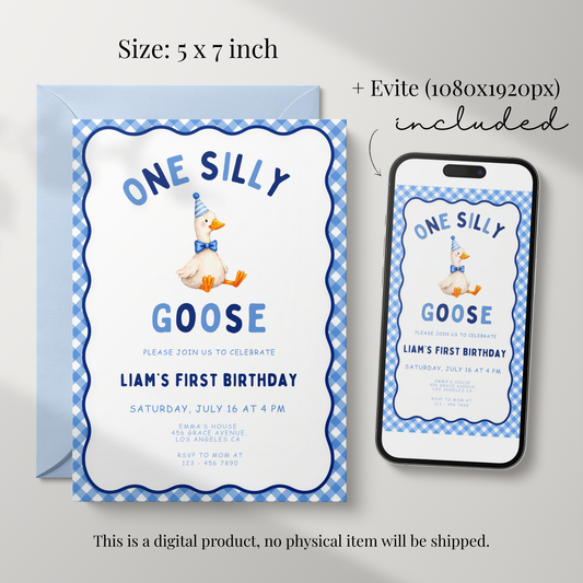 Blue One Silly Goose First Birthday Invitation
