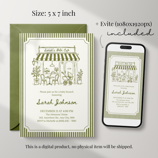 Café Bébé green striped coffee baby shower invitation template – preview 2