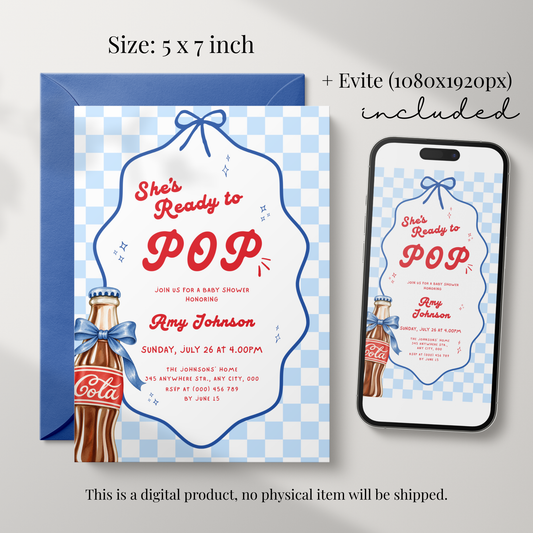 She's Ready to Pop blue baby shower invitation template – preview 2