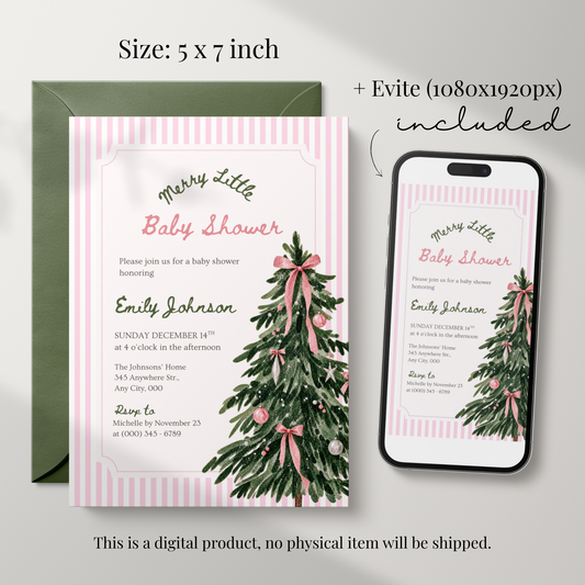 Merry Little Baby pink Christmas baby shower invitation template – preview 2
