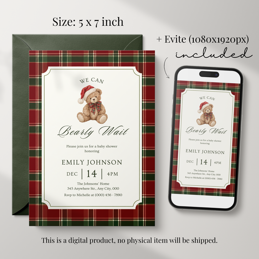 We Can Bearly Wait Christmas baby shower invitation template – preview 2