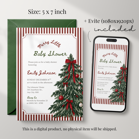 Merry Little Baby red Christmas baby shower invitation template – preview 2