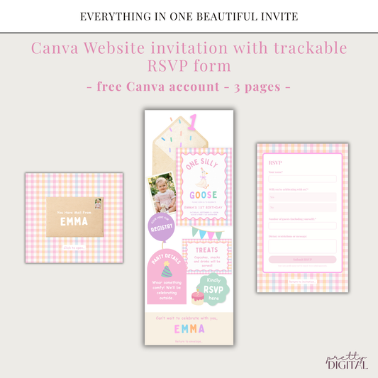 One Silly Goose First Birthday Invitation - Pink Digital Invite