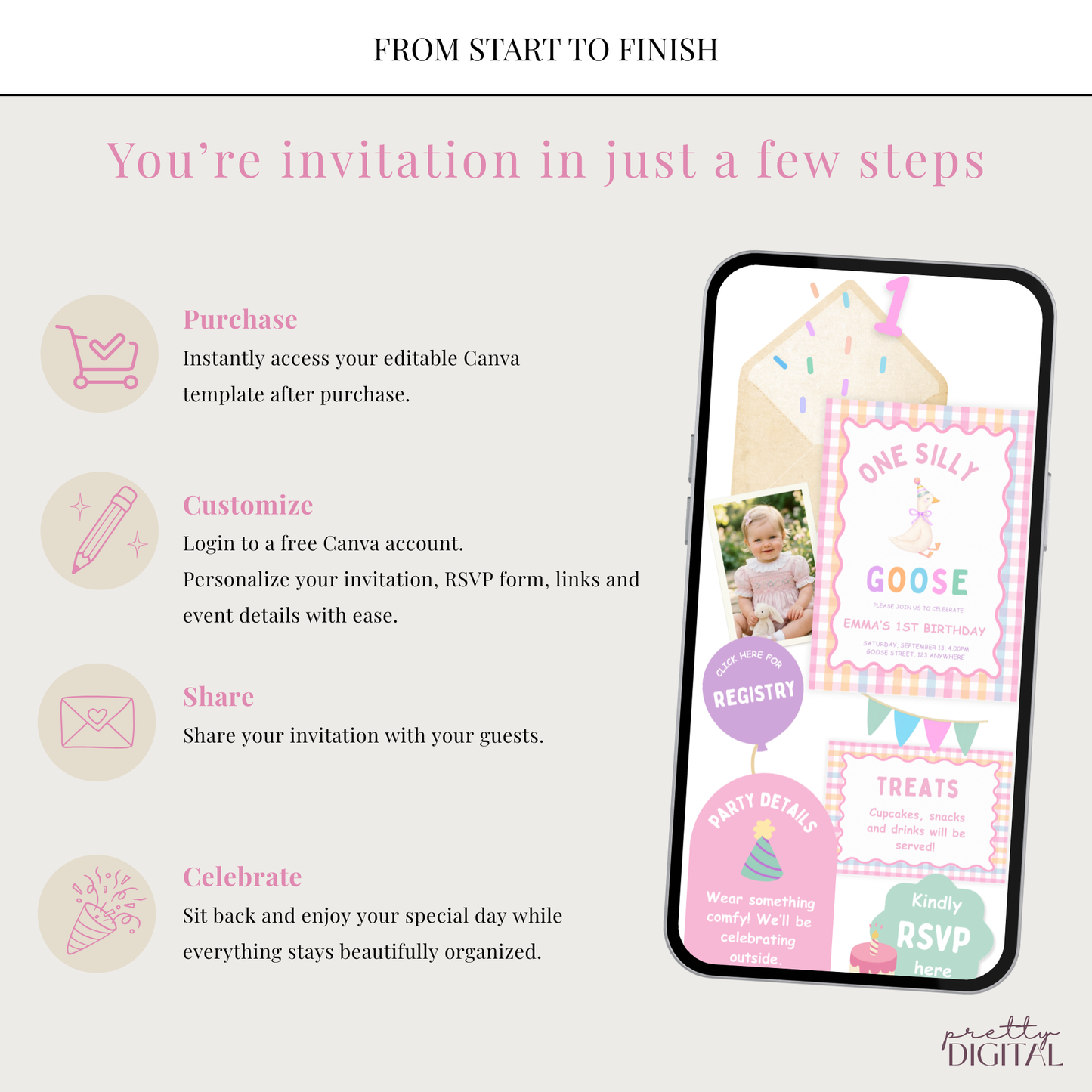 One Silly Goose First Birthday Invitation - Pink Digital Invite