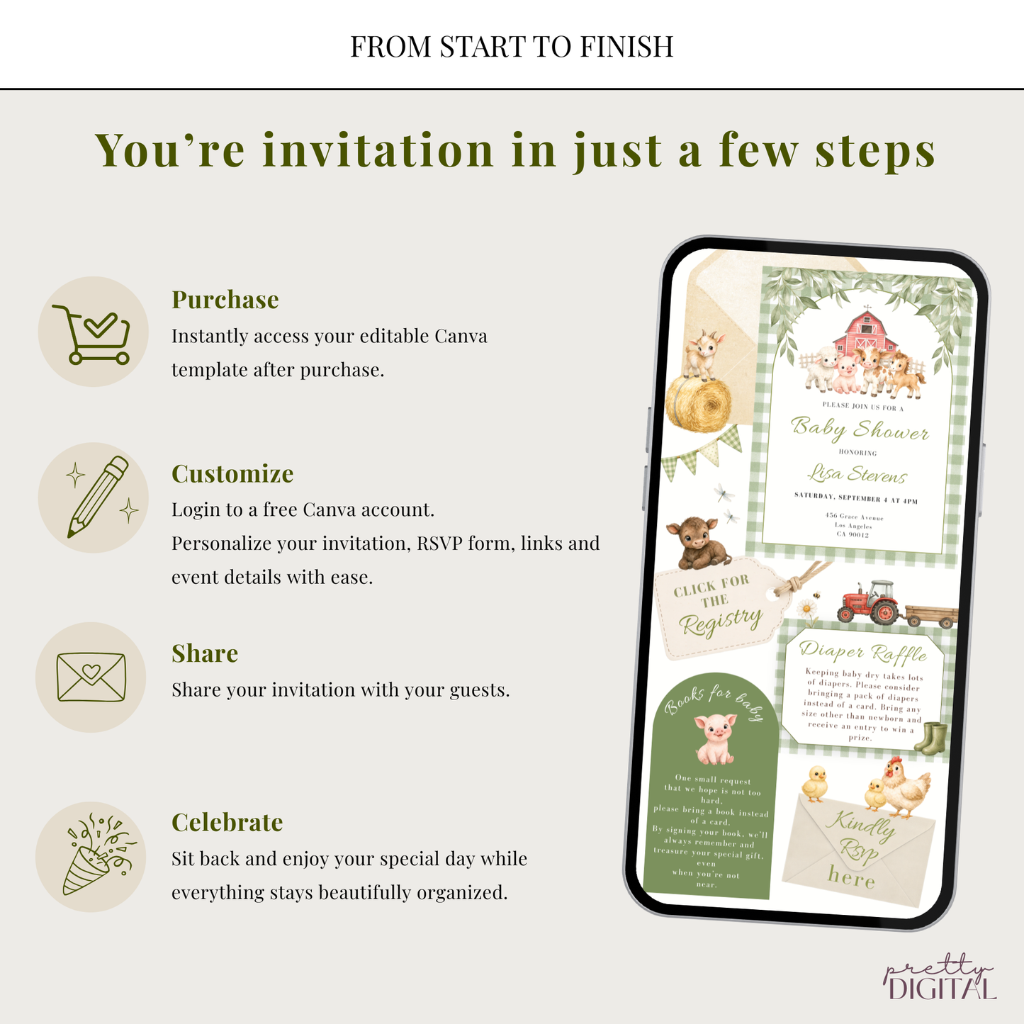 Cute Farm Animals Baby Shower Invitation - Digital Invite