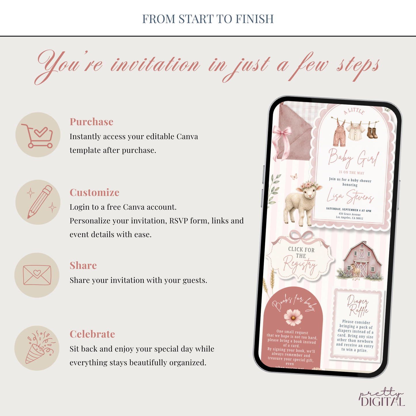 Farm Animals Baby Shower Invitation - Pink Digital Invite