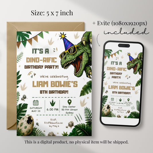 Three-Rex on the Loose — Dinosaur 3rd Birthday Invitation Template by Pretty Digital — view 2