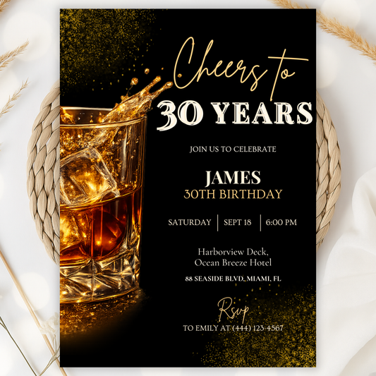 Cheers to 30 Years — 30th Birthday Invitation Template by Pretty Digital — printable digital download