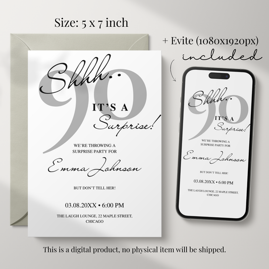 Shhh… It's a Surprise — 90th Surprise Party Invitation Template by Pretty Digital — view 2
