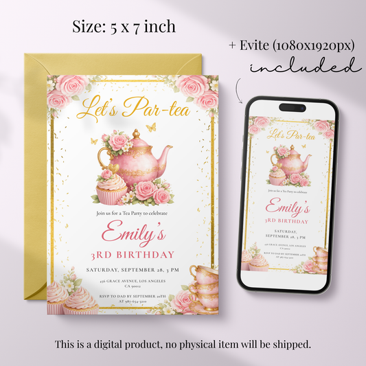 Let's Par-Tea (Kids) — Tea Party Birthday Invitation Template by Pretty Digital — view 2