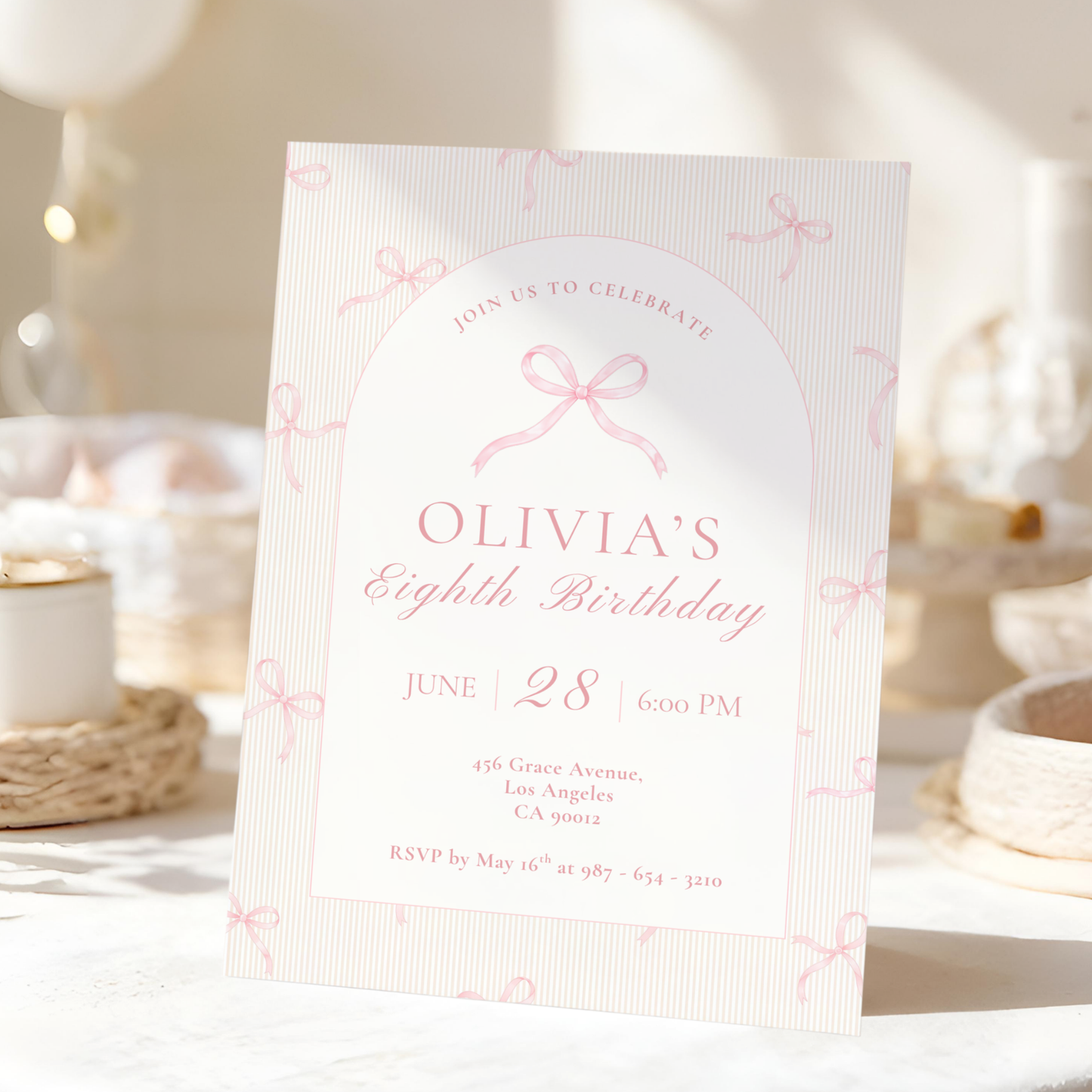 Pink Bow Invitation for Girls