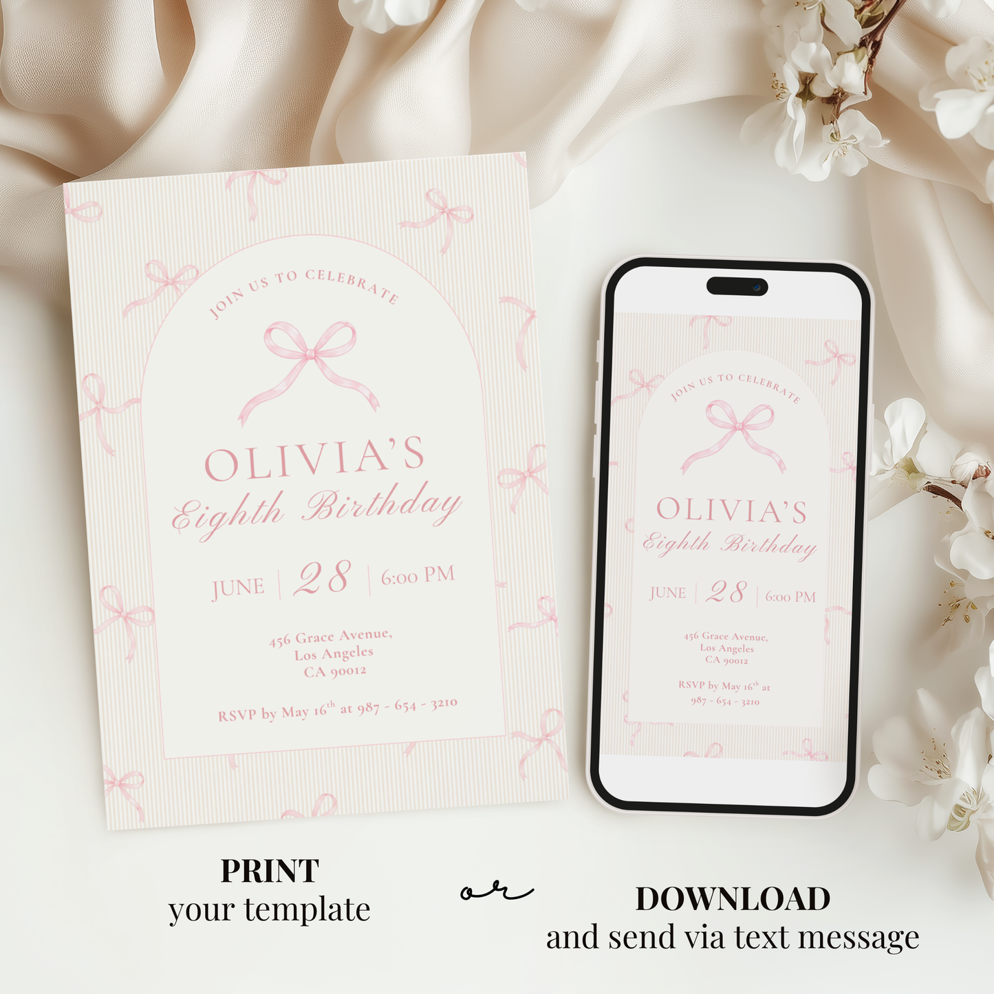 Pink Bow Invitation for Girls