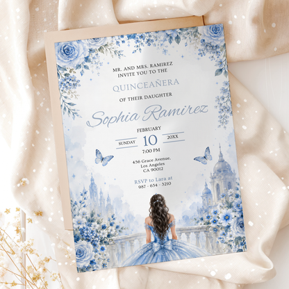 Floral Ice Blue Quinceanera Invitation