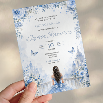 Floral Ice Blue Quinceanera Invitation