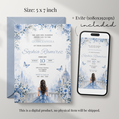 Floral Ice Blue Quinceanera Invitation