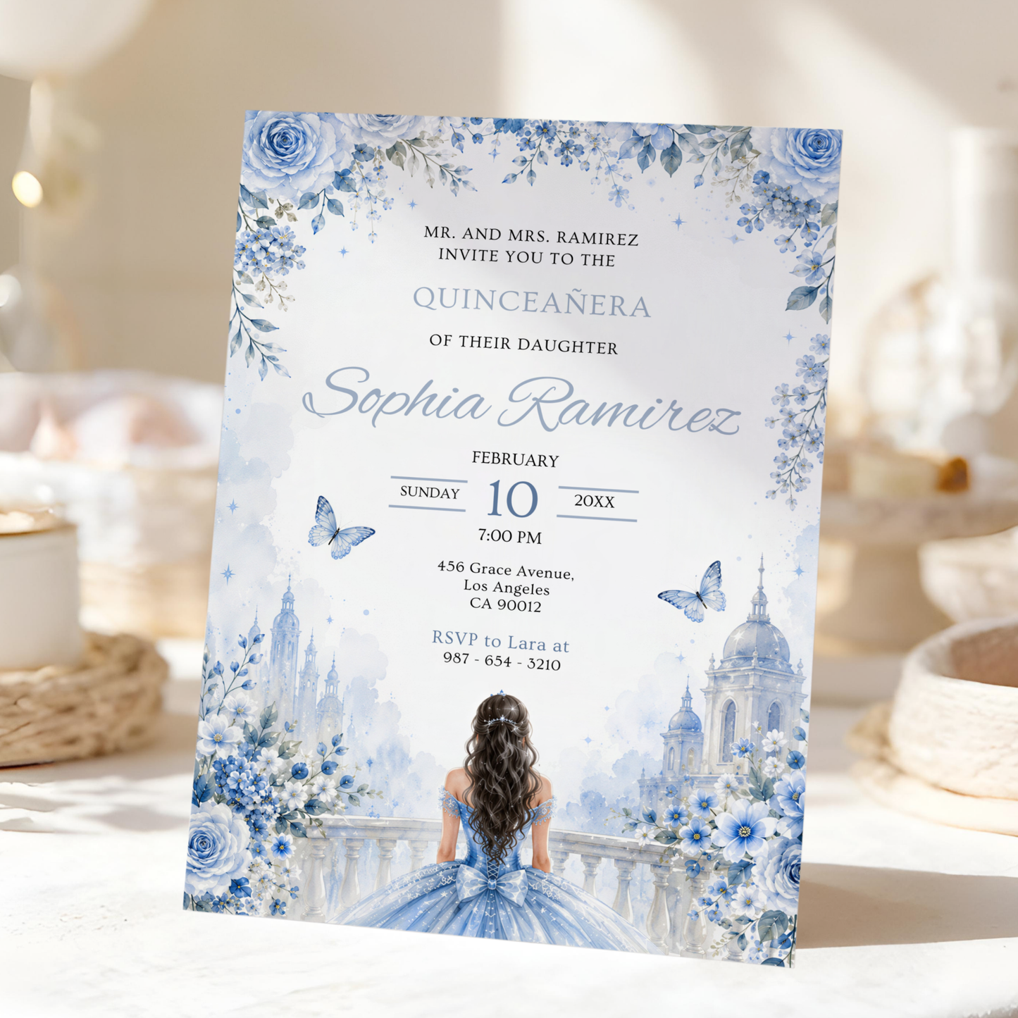 Floral Ice Blue Quinceanera Invitation