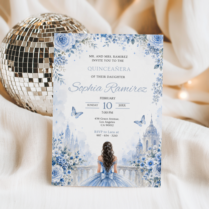 Floral Ice Blue Quinceanera Invitation