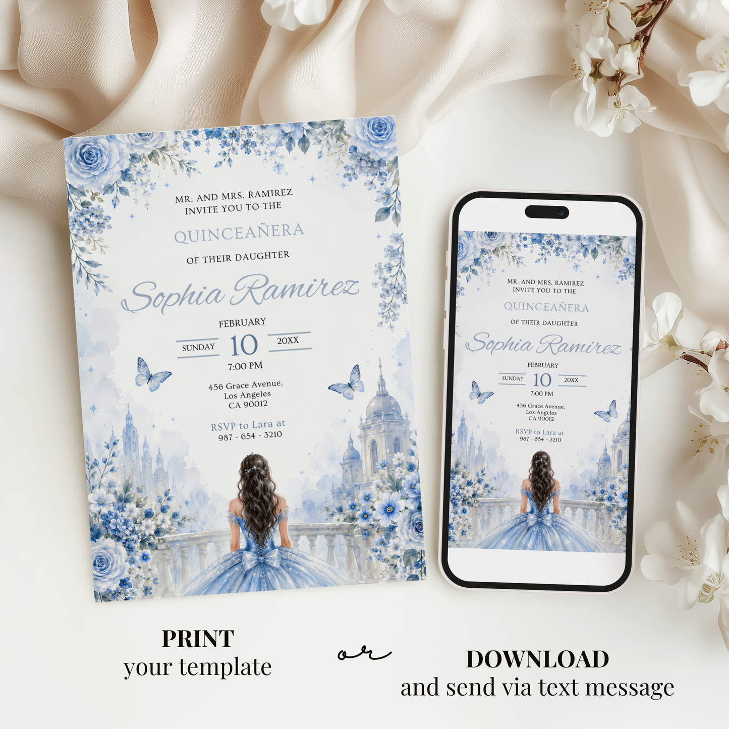 Floral Ice Blue Quinceanera Invitation