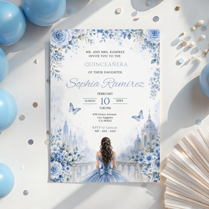 Floral Ice Blue Quinceanera Invitation