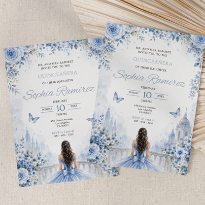 Floral Ice Blue Quinceanera Invitation
