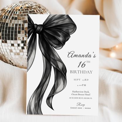 Black Bow 16th Birthday Invitation