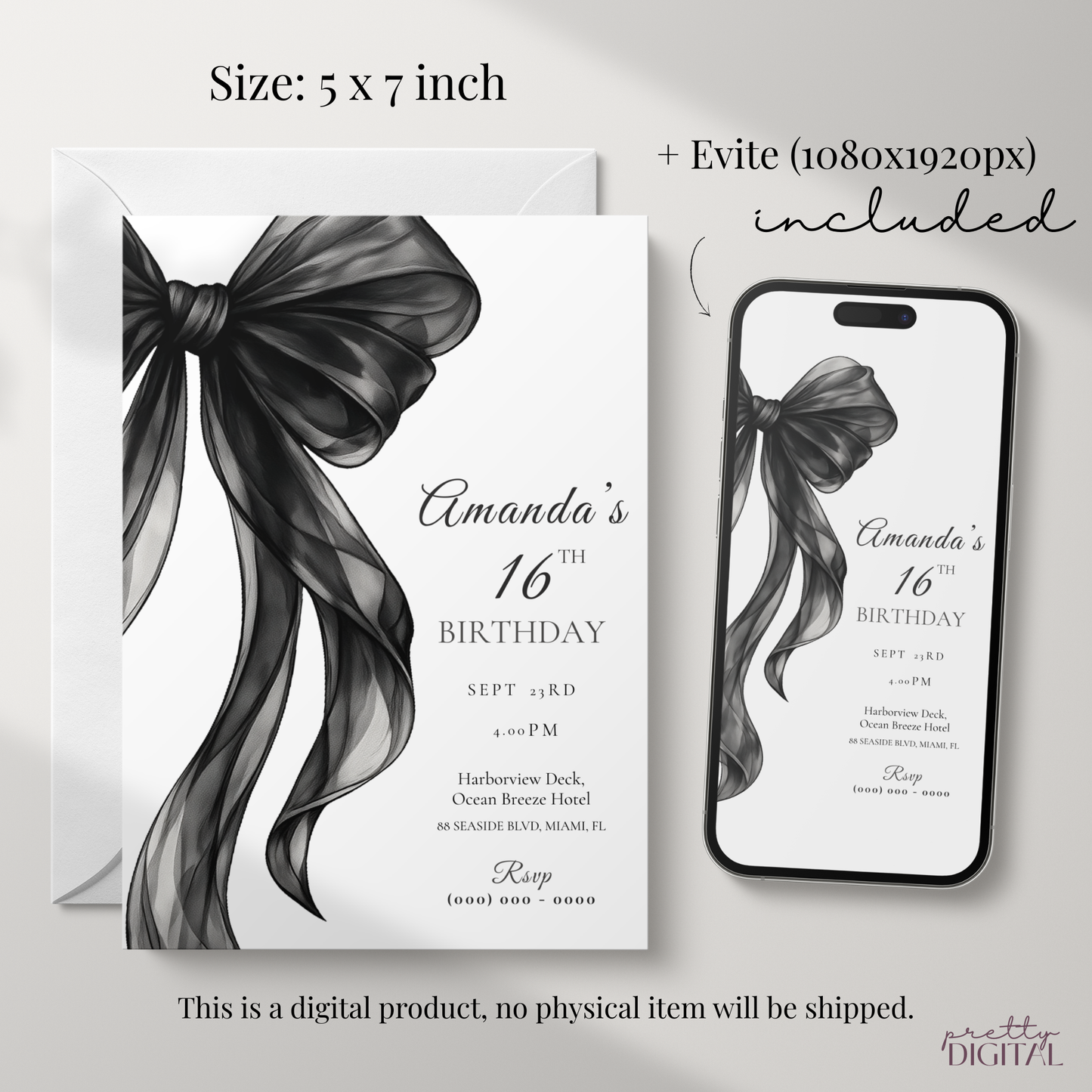 Black Bow 16th Birthday Invitation