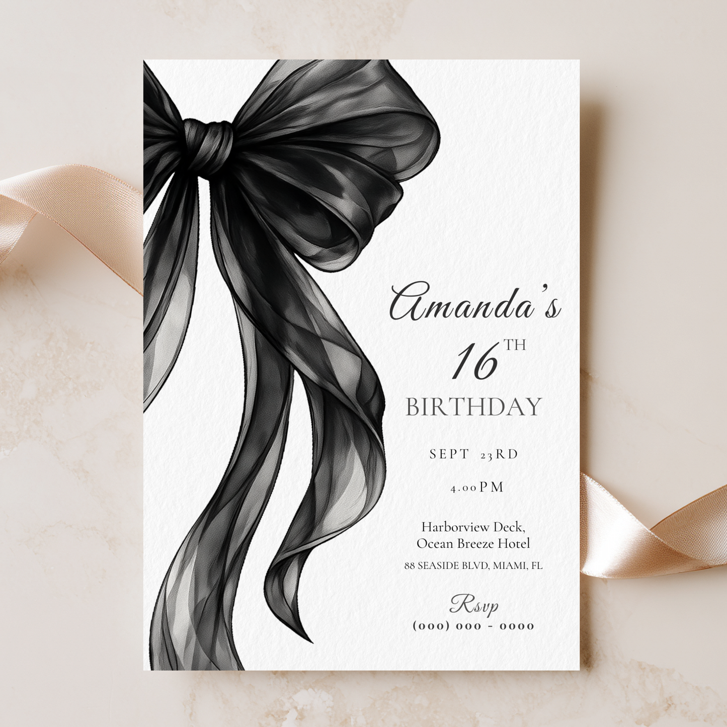 Black Bow 16th Birthday Invitation