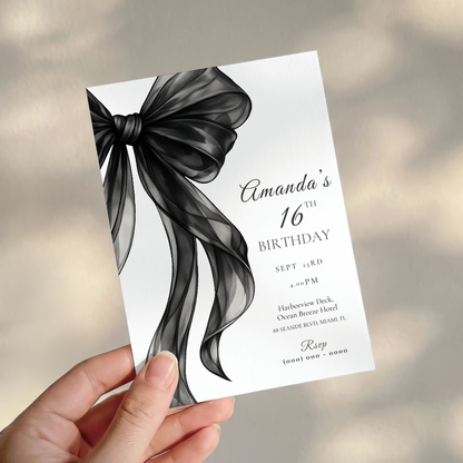 Black Bow 16th Birthday Invitation