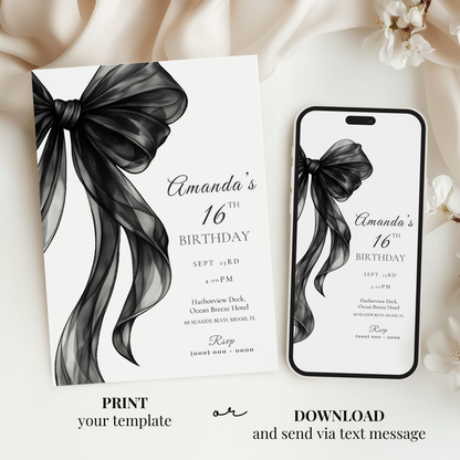 Black Bow 16th Birthday Invitation