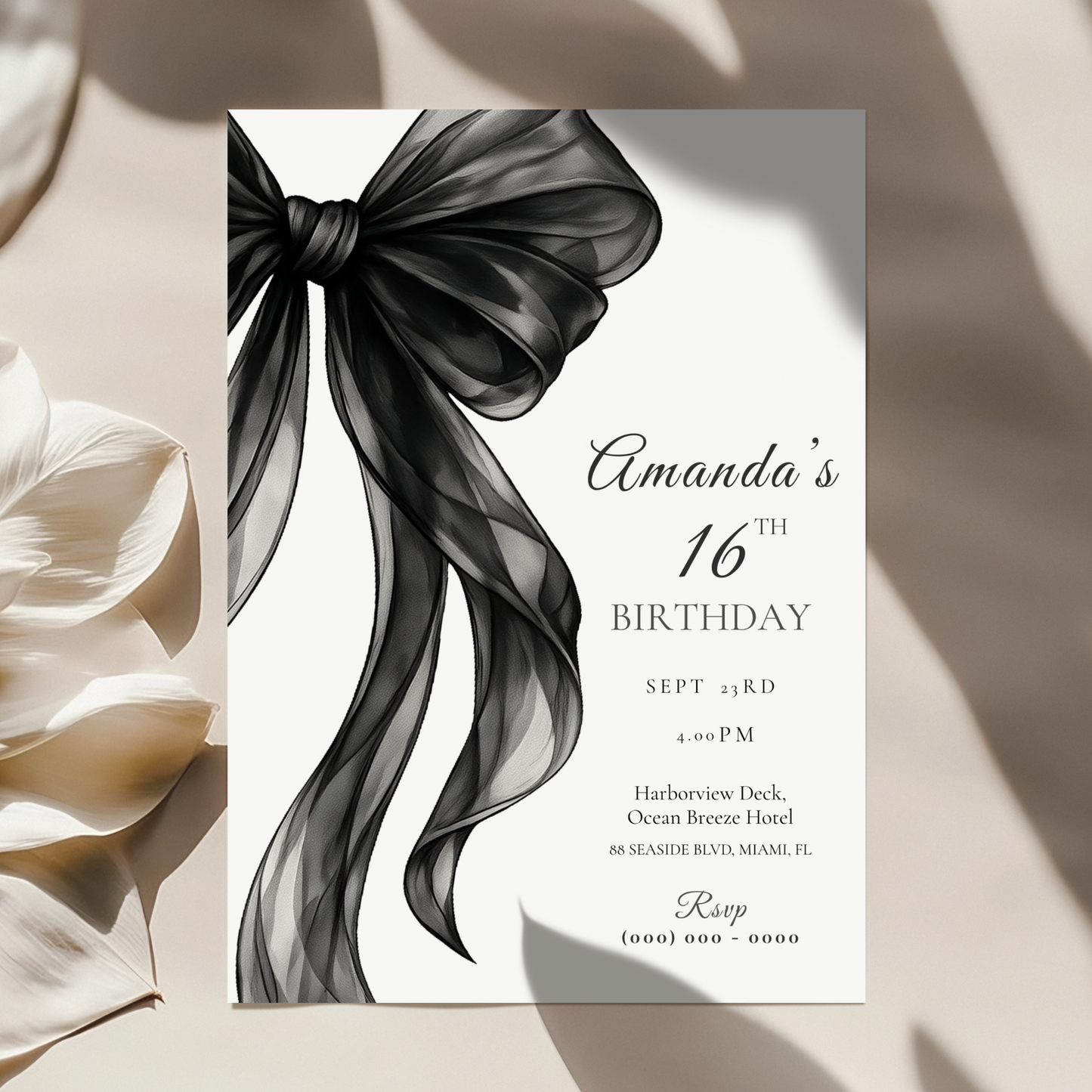 Black Bow 16th Birthday Invitation