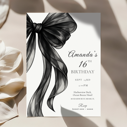 Black Bow 16th Birthday Invitation