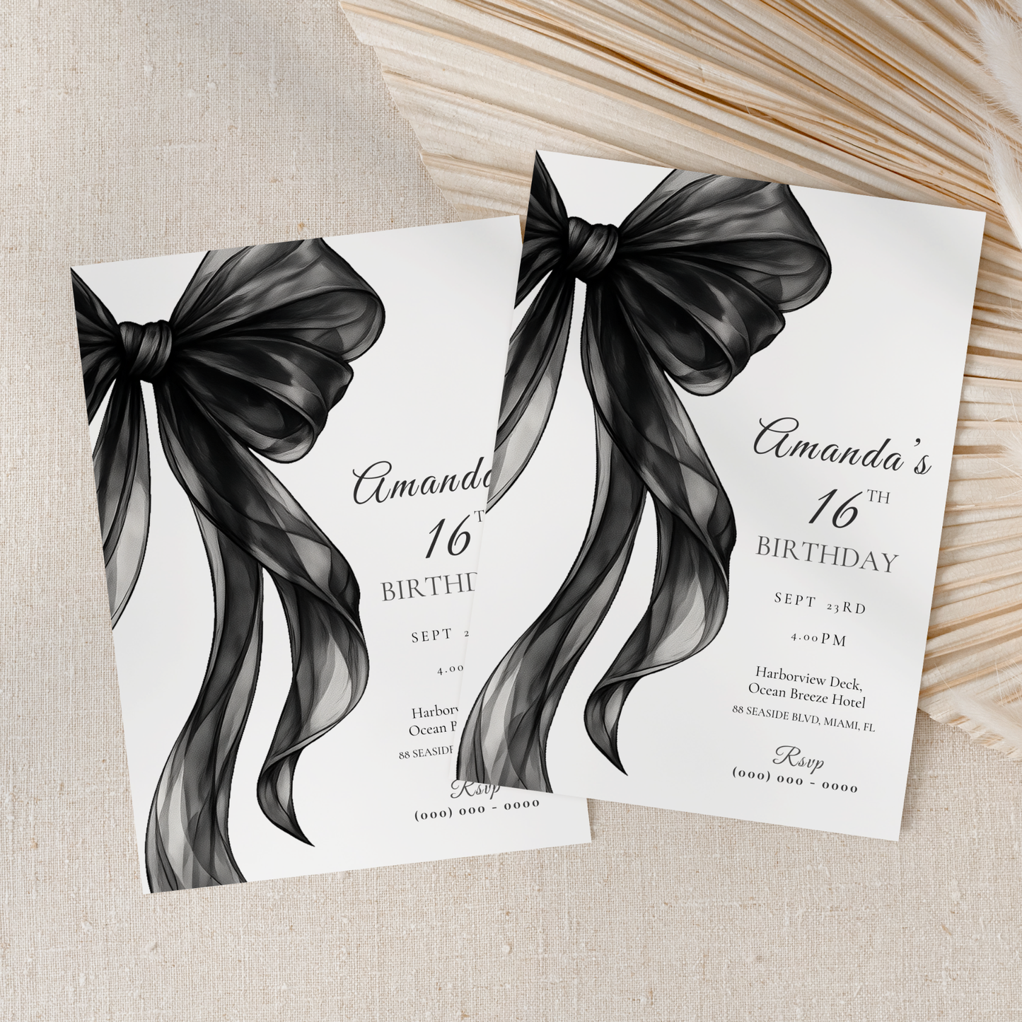 Black Bow 16th Birthday Invitation