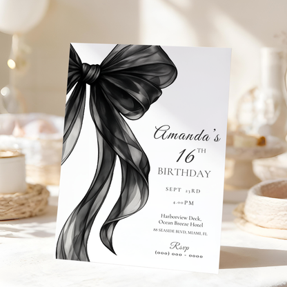 Black Bow 16th Birthday Invitation
