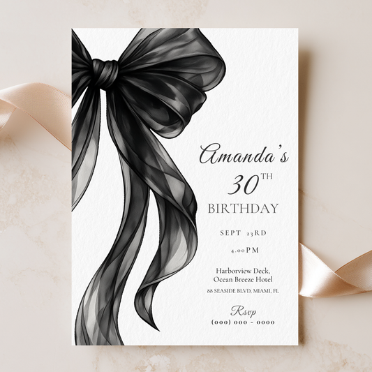 Black Bow 30th Birthday Invitation