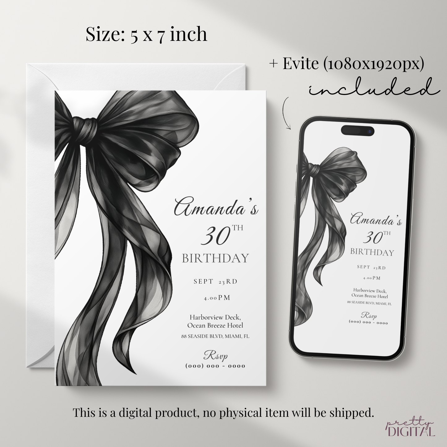 Black Bow 30th Birthday Invitation
