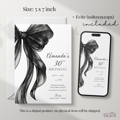 Black Bow 30th Birthday Invitation