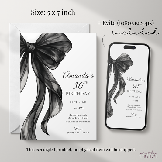 Black Bow 30th Birthday Invitation