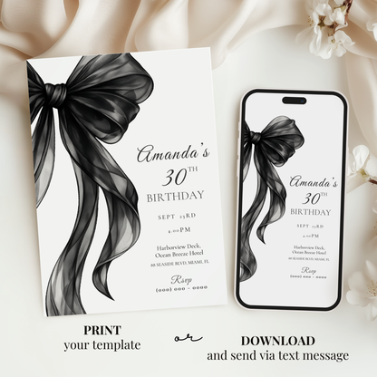 Black Bow 30th Birthday Invitation