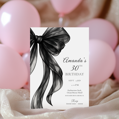 Black Bow 30th Birthday Invitation