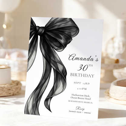 Black Bow 30th Birthday Invitation